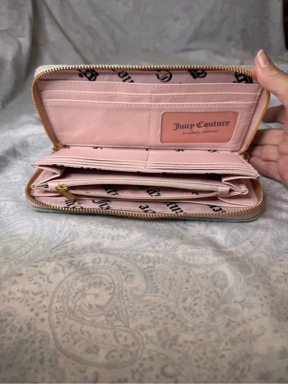 Juicy Couture Soft Terrycloth Mint with Pink Embroidered Logo Wristlet Wallet